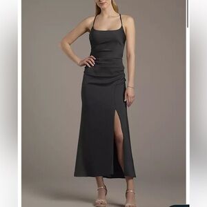 NWT NEVER WORN -David's Bridal matte satin ruched sheath BLACK Prom Dress F20863